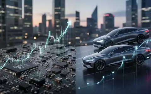 Eine dynamische Darstellung des DAX-Index, mit fallenden Computerchips auf der einen Seite und aufsteigenden Autos auf der anderen. - Foto: über boerse-global.de
