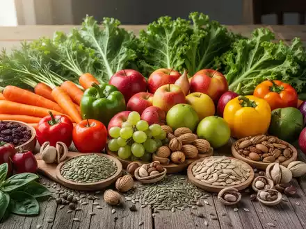 Eine Nahaufnahme einer bunten Auswahl an frischem Obst, Gemüse, Nüssen und Samen, die auf einem Holztisch arrangiert sind. - Foto: über boerse-global.de