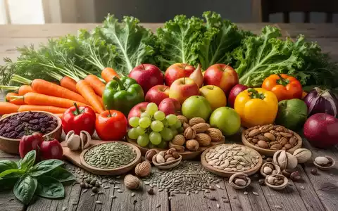 Eine Nahaufnahme einer bunten Auswahl an frischem Obst, Gemüse, Nüssen und Samen, die auf einem Holztisch arrangiert sind. - Foto: über boerse-global.de