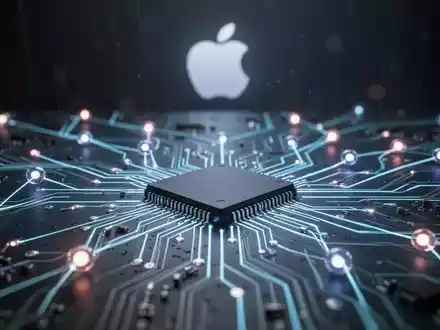 Stilisierte Leiterplatte mit leuchtenden Verbindungen, die KI-Chip-Akquisition und Servertechnologie symbolisiert, mit schwachem Apple-Logo im Hintergrund. - Foto: über boerse-global.de