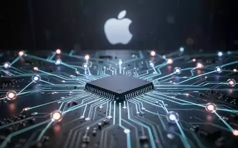 Stilisierte Leiterplatte mit leuchtenden Verbindungen, die KI-Chip-Akquisition und Servertechnologie symbolisiert, mit schwachem Apple-Logo im Hintergrund. - Foto: über boerse-global.de
