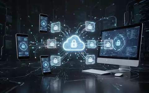Digitale Illustration von Datenfluss zwischen Smartphone, Tablet und Desktop, symbolisiert Cloud-Speicher und geteilte Alben. - Foto: ĂŒber boerse-global.de