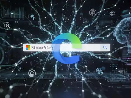 Leuchtendes neuronales Netzwerk, das KI-Integration symbolisiert, subtil über einer digitalen Oberfläche mit Microsoft Bing-Suchleiste und Edge-Browser-Symbol. - Foto: über boerse-global.de