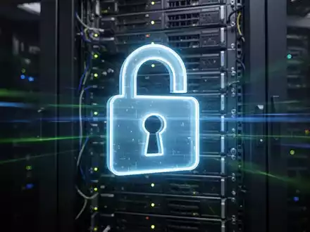 Leuchtendes digitales Vorhängeschloss-Symbol vor unscharfen Server-Racks, symbolisiert Sicherheitsupdates für Exchange Server. - Foto: über boerse-global.de