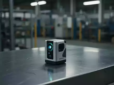 Ein einzelner moderner Sensor auf einer Metalloberfläche in einer Fabrikumgebung, der Präzision und technologische Spannung vermittelt. - Foto: über boerse-global.de