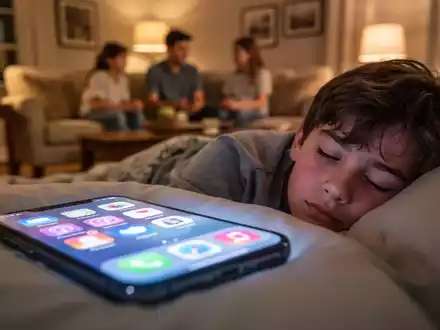 Ein verschwommenes Smartphone vor einem schlafenden Teenager, im Hintergrund eine unscharfe Familienszene. - Foto: über boerse-global.de