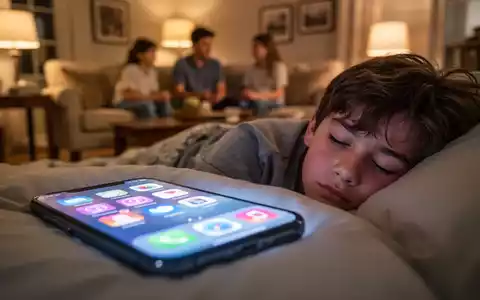 Ein verschwommenes Smartphone vor einem schlafenden Teenager, im Hintergrund eine unscharfe Familienszene. - Foto: über boerse-global.de