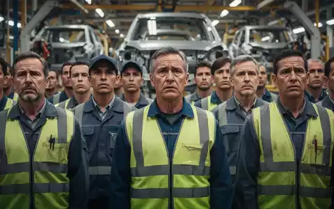 Arbeiter in einer Fabrikhalle versammeln sich, um Solidarität zu zeigen, mit ernsten, entschlossenen Gesichtern. - Foto: über boerse-global.de