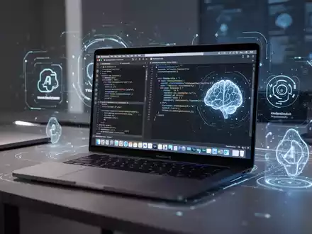 Modernes MacBook auf einem Schreibtisch mit macOS-OberflĂ€che, Code und KI-Elementen, symbolisiert App-Entwicklung und ProduktivitĂ€t. - Foto: ĂŒber boerse-global.de