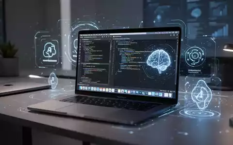 Modernes MacBook auf einem Schreibtisch mit macOS-Oberfläche, Code und KI-Elementen, symbolisiert App-Entwicklung und Produktivität. - Foto: über boerse-global.de