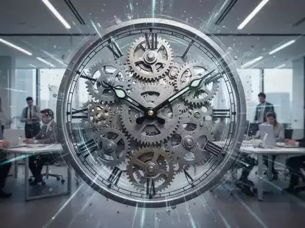 Ein stilisiertes Zifferblatt mit Zahnrädern in einer modernen Büroumgebung, die schnelle und flexible Arbeitszeiten symbolisiert. - Foto: über boerse-global.de