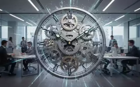 Ein stilisiertes Zifferblatt mit Zahnrädern in einer modernen Büroumgebung, die schnelle und flexible Arbeitszeiten symbolisiert. - Foto: über boerse-global.de