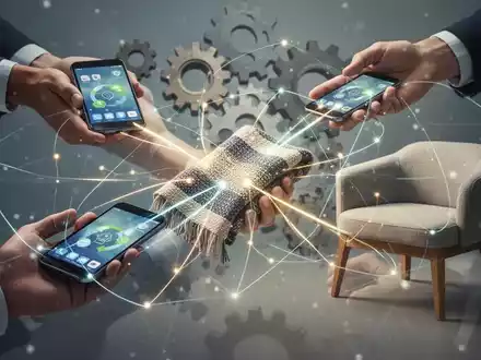 Ein Netzwerk aus leuchtenden Linien verbindet verschiedene Produkte wie Smartphone, Textil und Möbel, um Produktlebenszyklen zu symbolisieren. - Foto: über boerse-global.de
