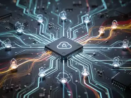 Futuristisches, leuchtendes Schaltbrett mit verbundenen Knoten, das KI, Quantencomputing und Halbleiter in deutschen Farben darstellt. - Foto: über boerse-global.de
