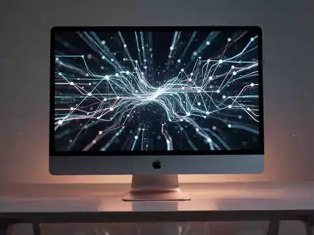 Futuristischer Apple-Monitor mit abstrakten, leuchtenden KI- und Datenlinien auf einem minimalistischen Schreibtisch. - Foto: über boerse-global.de