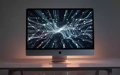 Futuristischer Apple-Monitor mit abstrakten, leuchtenden KI- und Datenlinien auf einem minimalistischen Schreibtisch. - Foto: über boerse-global.de