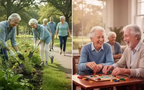 Ältere Menschen engagieren sich in gesunden Aktivitäten: Gartenarbeit, Spaziergänge und Brettspiele, die Gesundheit und Gemeinschaft fördern. - Foto: über boerse-global.de