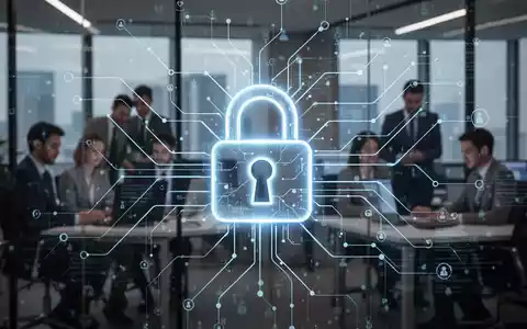 Ein stilisiertes, leuchtendes Vorhängeschloss-Symbol über einem komplexen digitalen Netzwerkdiagramm, das Cybersicherheit und Vorschriften darstellt. - Foto: über boerse-global.de