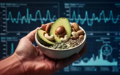 Eine Hand hält eine Schale mit gesunden Fetten wie Avocado, Nüssen und Samen, im Hintergrund unscharfe medizinische Daten. - Foto: über boerse-global.de