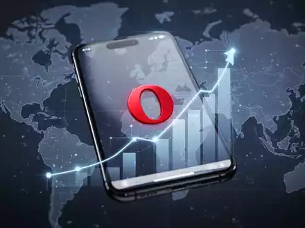 Schlankes iPhone mit Opera-Browser-Logo, digitalem Wachstumsdiagramm und dezenten Karten von UK und USA im Hintergrund. - Foto: über boerse-global.de