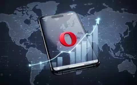Schlankes iPhone mit Opera-Browser-Logo, digitalem Wachstumsdiagramm und dezenten Karten von UK und USA im Hintergrund. - Foto: über boerse-global.de