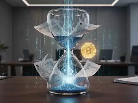 Ein modernes Glas-Stundenglas, durch das digitale Datenströme und traditionelle Finanzdokumente fließen, mit einem Kryptowährungssymbol. - Foto: über boerse-global.de