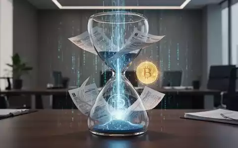 Ein modernes Glas-Stundenglas, durch das digitale Datenströme und traditionelle Finanzdokumente fließen, mit einem Kryptowährungssymbol. - Foto: über boerse-global.de