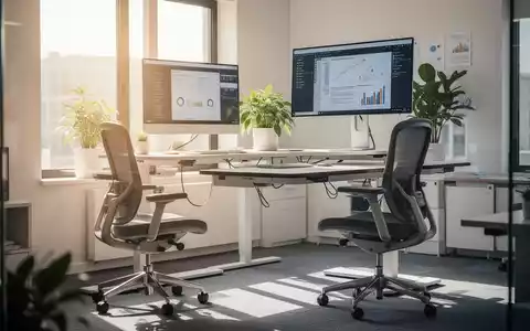 Ein moderner, ergonomischer Arbeitsplatz mit Stehpult, ergonomischem Stuhl und Pflanze, durchflutet von Sonnenlicht. - Foto: über boerse-global.de