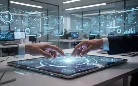 Holografische Bildschirme und digitale Schnittstellen in einem modernen Büroumfeld, die nahtlose digitale Arbeitsabläufe und Konnektivität symbolisieren. - Foto: über boerse-global.de