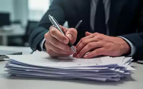Nahaufnahme der Hände einer gestressten Person, die einen Stift über einem Stapel Dokumente umklammern, unscharfer Bürohintergrund. - Foto: über boerse-global.de