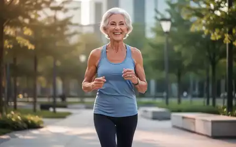 Eine vitale ältere Frau geht zügig durch einen Park, symbolisiert geistige und körperliche Fitness im Alter. - Foto: über boerse-global.de