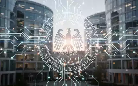 Ein stilisiertes, leuchtendes neuronales Netzwerk, überlagert mit einem digitalen Siegel einer Regulierungsbehörde, vor unscharfen Bürogebäuden. - Foto: über boerse-global.de