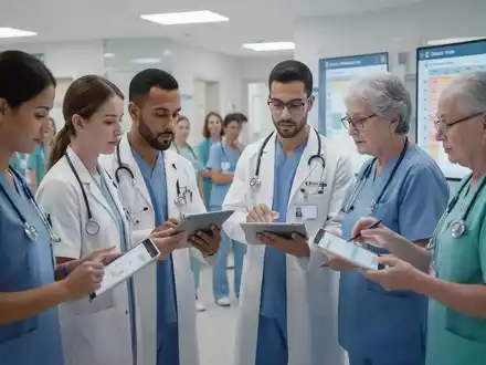 Medizinische Fachkräfte interagieren mit digitalen Planungstools in einem modernen Gesundheitswesen-Umfeld, symbolisierend Zeitarbeit und Effizienz. - Foto: über boerse-global.de