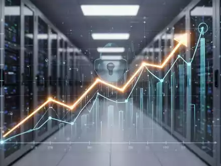 Eine digitale Grafik mit aufsteigenden Kurven vor dem unscharfen Hintergrund eines modernen Rechenzentrums, das finanzielle Sicherheit und Wachstum symbolisiert. - Foto: über boerse-global.de