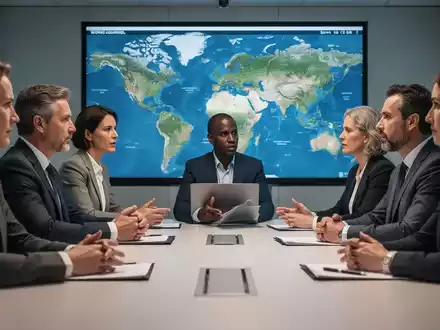 Ein Betriebsratsteam diskutiert an einem Konferenztisch. Im Hintergrund ist eine digitale Weltkarte zu sehen. - Foto: über boerse-global.de