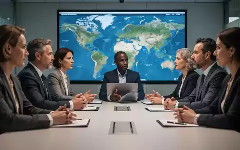 Ein Betriebsratsteam diskutiert an einem Konferenztisch. Im Hintergrund ist eine digitale Weltkarte zu sehen. - Foto: über boerse-global.de