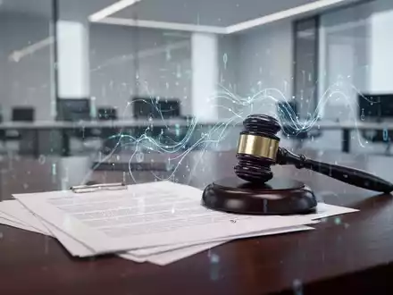 Ein stilisiertes Bild von Gesetzestexten und einem Hammer auf einem Schreibtisch mit digitaler Datendarstellung. - Foto: über boerse-global.de