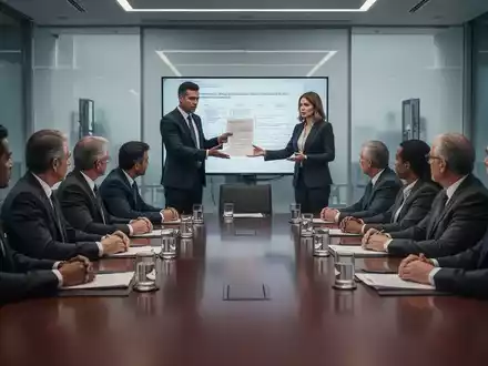 Eine Gruppe von Geschäftsleuten und Arbeitnehmervertretern sitzt an einem Konferenztisch, während zwei Mediatoren eine Diskussion leiten. - Foto: über boerse-global.de