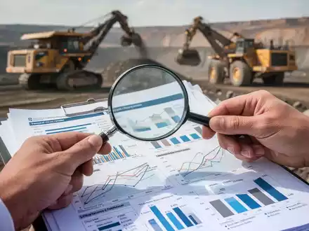 Eine Hand hält eine Lupe über einen detaillierten Bericht mit Diagrammen, im Hintergrund verschwommen Bergbauausrüstung. - Foto: über boerse-global.de
