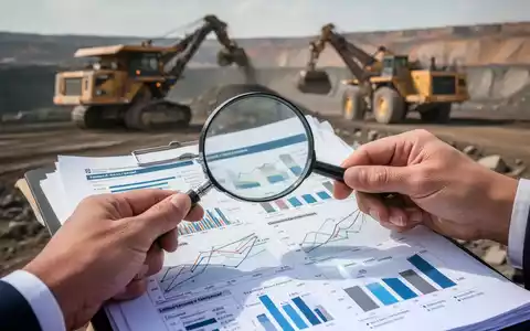 Eine Hand hält eine Lupe über einen detaillierten Bericht mit Diagrammen, im Hintergrund verschwommen Bergbauausrüstung. - Foto: über boerse-global.de