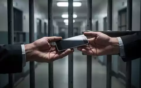 Eine Hand reicht ein Smartphone heimlich durch Gefängnisgitter an eine andere Hand. Im Hintergrund ist ein verschwommener Gefängniskorridor zu sehen. - Foto: über boerse-global.de