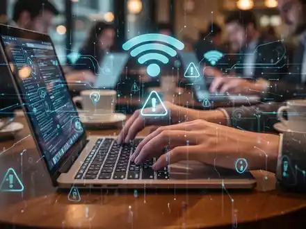 Hände tippen auf Laptop an Café-Tisch, umgeben von digitalen Datenströmen und Warnsymbolen für unsichere Verbindungen. - Foto: über boerse-global.de