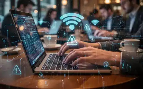 Hände tippen auf Laptop an Café-Tisch, umgeben von digitalen Datenströmen und Warnsymbolen für unsichere Verbindungen. - Foto: über boerse-global.de