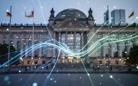 Ein leuchtendes digitales Netzwerk über einem modernen deutschen Regierungsgebäude, das Digitalisierung und Effizienz in der Bürokratie symbolisiert. - Foto: über boerse-global.de