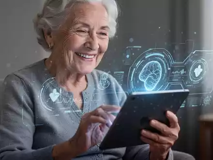 Lächelnde ältere Frau interagiert mit Tablet, das futuristische Gesundheitsüberwachung anzeigt. - Foto: über boerse-global.de