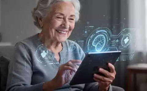 Lächelnde ältere Frau interagiert mit Tablet, das futuristische Gesundheitsüberwachung anzeigt. - Foto: über boerse-global.de