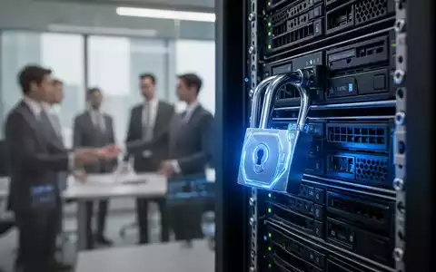 Ein stilisiertes digitales Vorhängeschloss auf einem Server-Rack, das Cybersicherheit und Datenschutz symbolisiert, mit verschwommenen Geschäftsleuten im Hintergrund. - Foto: über boerse-global.de