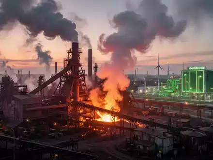 Industrielandschaft mit rauchenden Schornsteinen einer Stahlhütte bei Sonnenuntergang und der Silhouette einer modernen Anlage. - Foto: über boerse-global.de