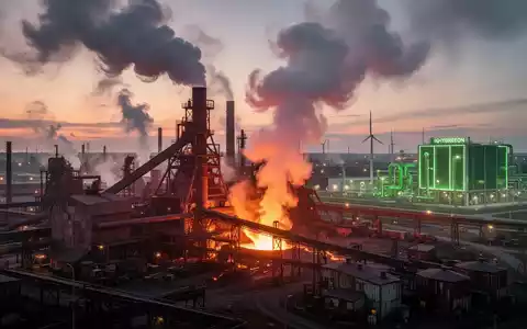 Industrielandschaft mit rauchenden Schornsteinen einer Stahlhütte bei Sonnenuntergang und der Silhouette einer modernen Anlage. - Foto: über boerse-global.de