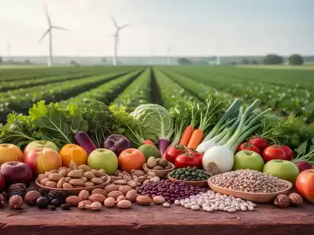 Eine vielfältige Auswahl an frischen pflanzlichen Lebensmitteln auf einem Holztisch, mit grünen Feldern und einer Windkraftanlage im Hintergrund. - Foto: über boerse-global.de